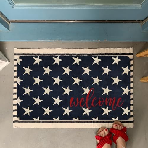 July 4th Door Mat,American Patriotic Memorial Day Blue Stars Indoor Outdoor Non-Slip Doormat,Entryway Front Porch Farmhouse Summer Welcome Door Mat Colorful for Entrance Decor 30" x 17" - Image 2
