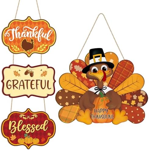 Thanksgiving Decoration Wood Pumpkin Turkey Door Wall Wreath for Front Door Sign Thankful Blessed Grateful, Pumpkin Sign for Fall Autumn Harvest Home Thanksgiving Party Outdoor Halloween Decoration by Sophena