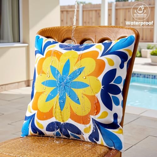 Blue and Orange Outdoor Floral Pillow Covers 18x18 Set of 4 Waterproof, Mediterranean Decor Accent Porch Throw Pillows 18 x 18, Fade Resistant Waterproof Outdoor Pillows for Patio Furniture - Image 3