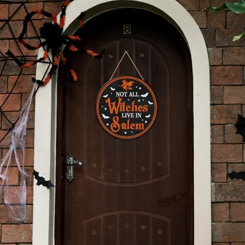 Halloween Witch Door Decor Not All Witches Live In Salem Sign Witchy Halloween Decoration Wreath Wooden Hanger for Front Door Porch Wall Indoor Home Office Kitchen Decor - Image 3