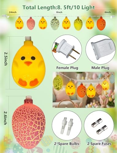 8.5Ft Easter String Lights, 10 LED Multicolored Cracked Eggs and Chicken Fairy Lights, Plug in Waterproof IP44 Spring Garland, UL Listed Outdoor Lights for Easter Home Garden Party Patio Decor - Image 2