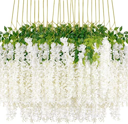 Wisteria Hanging Flowers 24 Pack Artificial Flowers Fake Wisteria Vine Rattan Hanging Garland Silk Flowers String for Party Home Wall Greenery Wedding Decor (White) by HanYun