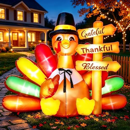 6FT Thanksgiving Inflatables Turkey, Fall Blow up Colorful Tail Turkey with Grateful Thankful Blessed Sign, Decorations Outdoor Built-in LED Lights Yard Autumn Harvest by DomKom