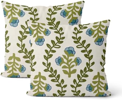 Sage Green Boho Pillow Covers 22x22 Inch 2 Pcs Blue Green Floral Leaves Decor Throw Pillows Vintage Flower Seasonal Spring Summer Outdoor Farmhouse Pillowcase Linen Cushion Cover for Couch Sofa by DAFENA