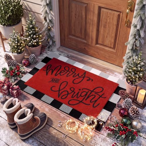 Honoson 2 Pcs Merry Bright Christmas Doormat Red White Buffalo Plaid Decor by Honoson