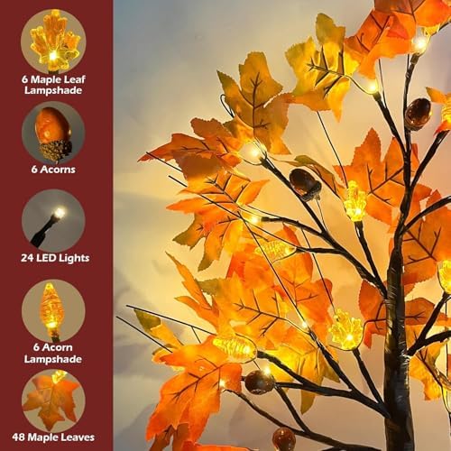 2 Pack 24 Inch Prelit Fall Maple Tree Decorations with 48 LEDs Timer Fall Battery Operated Lighted Artificial Pumpkin Acorn Light Up Maple Tree for Thanksgiving Harvest Table Home Indoor Decor - Image 3
