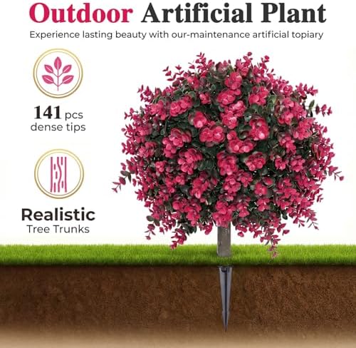 PATIO CHOICE Topiary Trees Artificial Outdoor Boxwood Ball Trees with Ground Spike Set of 2 22" Fake Outdoor Plants Faux Bushes and Shrubs Decorations for Outdoor Indoor Front Porch Garden - Image 2