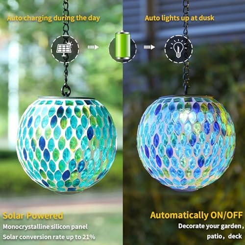 VCUTEKA Hanging Solar Lanterns, Light Blue Mosaic Solar Lights Garden Decor - Image 2