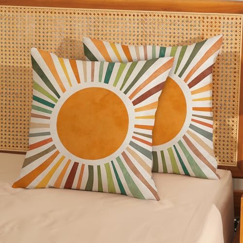 Summer Pillow Covers 20x20 Set of 2, Boho Sun Throw Pillows Stripes Yellow Green Orange Sunshine Decorations Watercolor Rainbow Pillow Cases Linen Outdoor Decor Cushion Case for Home Sofa - Image 3