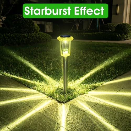 Eyrosa Solar Outdoor Lights Starburst Pattern, 10 Pack High-Visibility Lemon Yellow Housing, Waterproof Stainless Steel Solar Stake Lights for Pathway Garden Yard Walkway Driveway Lawn Outside Decor - Image 3