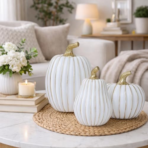 Pumpkin Fall Decor Indoor Fall Pumpkin Decorations 3Pcs Pumpkins Decor Thanksgiving Table Centerpiece Artificial Pumpkins Figurines for Autumn Harvest Home Decor Shelf Accent Decorating (Platinum) - Image 3