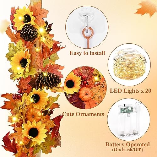 Waipfaru Fall Garland with Lights - 5.7 Ft Lighted Autumn Sunflower Garland - Image 4