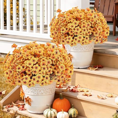 22 Pack Artificial Fall Flowers Mums for Outdoor Indoor(Fall Yellow) - Image 4