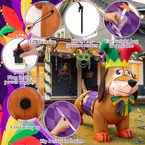 Leyndo 5.3 ft Mardi Gras Inflatable Outdoor Decorations Mardi Gras Dachshund Dog Inflatable Blow up Dachshund Dog with Built-in LED Lights for Holiday Party Indoor Outdoor Garden Lawn Yard Decoration - Image 3