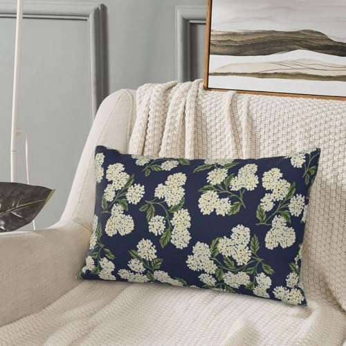 Navy Blue Spring Pillow Covers 12x20 Inch 2 Pcs Green Yellow Hydrangea Flower Decor Throw Pillows Vintage Floral Seasonal Summer Outdoor Decoration Pillowcase Linen Cushion Cover for Couch Sofa - Image 4