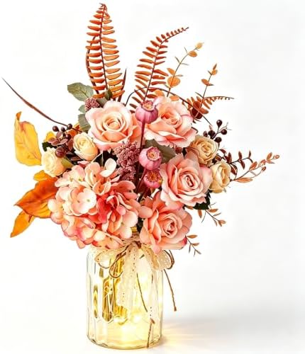 Artificial Fall Flowers with Vase & Lights – Faux Autumn Hydrangea & Rose by LUEUR