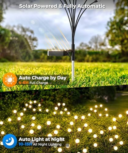 8 Pack Solar Garden Lights 64 LED, Solar Lights Outdoor Waterproof IP65, Decorative Garden Lights Solar Powered for Yard Decor, Outside Solar Firefly Fairy Lights Garden Gifts - Image 5