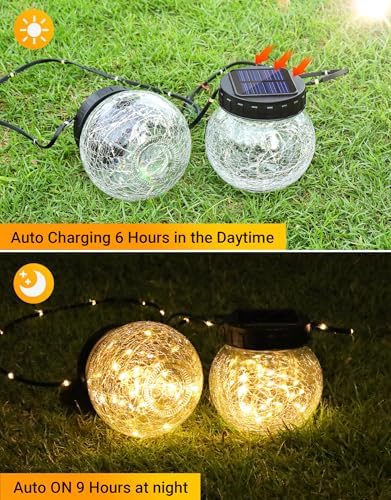 PARTPHONER Solar Lights Outdoor Waterproof 24-Pack, Solar Powered Hanging Lantern Cracked Glass Hanging Globes for Yard Decor Christmas Decoration, Shepherd Hook, Garden Tree Table Ornaments, Warm - Image 2
