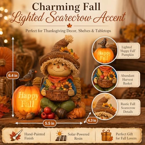 Fall Decorations for Home Outdoor Solar Lighted Fall Scarecrow Decor Thanksgiving Outdoor Decorations for Porch Garden Yard Patio Entryway, Lighted Pumpkin Decor Fall Garden Statue - Image 6