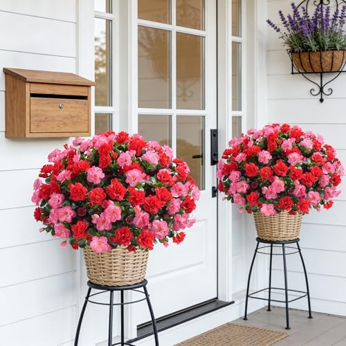 Artificial Faux Outdoor Flowers Plants for Spring Summer Decoration, Fake Silk Camellia UV Resistant Look Real for Planter Outside Front Door Porch Patio Balcony, 3 Large Bundles (Melon Red+Red) - Image 6