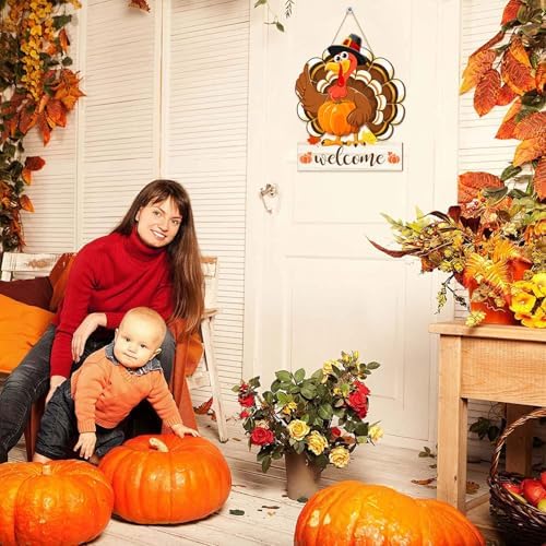Thanksgiving Turkey Door Sign Decorations, Fall Welcome Wooden Hanging Sign, Give Thanks Wood Vintage Pumpkin Rustic Autumn Harvest Wall Plaque Wreath Hanger Decor for Home Yard Porch - Image 7
