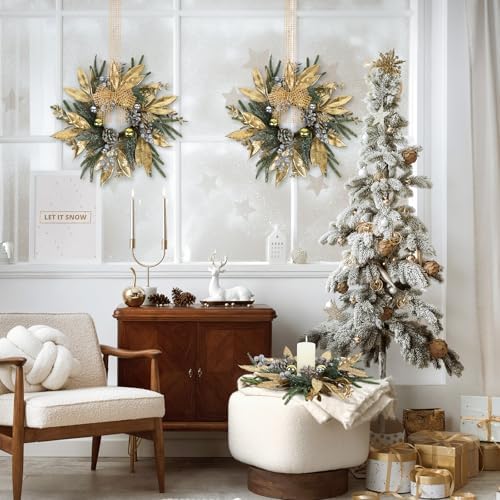 4 Pcs 9 Inch Christmas Wreaths for Kitchen Cabinet Artificial Pine Hanging Cedar Wreath with Christmas Balls Golden Twigs and Silver Berries for Front Door Xmas Winter Farmhouse Home Decorations - Image 6