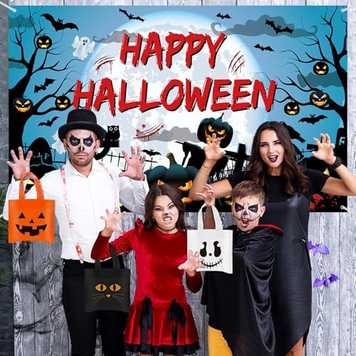 Happy Halloween Banner - Spooky Blue Party Decorations, Pumpkin Ghost Large Fabric Backdrop Photo Booth Background Sign Poster for Indoor Outdoor Wall Decor - Image 3