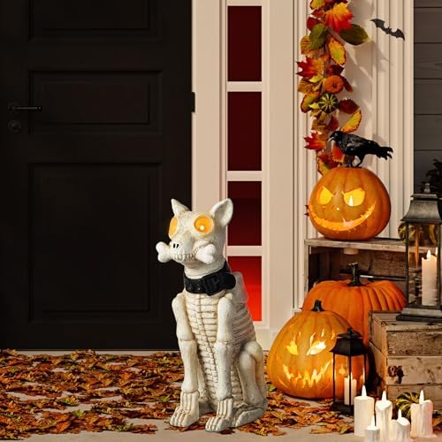 Glitzhome Halloween Porch Decorations, Lighted Halloween Front Porch Standing Sign Decor with Timer, MGO Skeleton Dog Sign for Indoor Patio Party, 20.5" H by Glitzhome