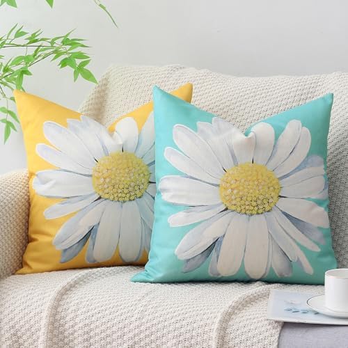 Spring Summer Outdoor Waterproof Pillow Covers 20 x 20 Inch Set of 2 Blue Daisy Flower Decorative Cushion Cases for Sofa Couch Garden Patio - Image 5