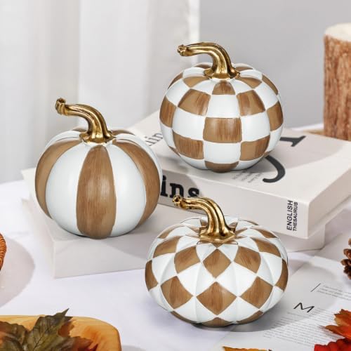 Briful 3-Piece Brown and White Resin Pumpkin Set, Modern Fall Decor - Image 3