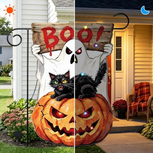 12x18 Inch Lighted Halloween Garden Flag, BOO Ghost Black Cat Pumpkin Yard Flag with Solar LED Lights, Double Sided Outdoor Halloween Decorations for Lawn Porch Garden - Image 4