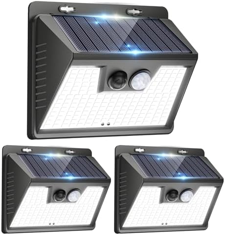 Peasur 140LED Solar Powered Lights Outdoor Waterproof, 3 Packs Motion Sensor Light Ultra-Bright, 3 Modes Fence Security Lighting for Outside Yard Wall Deck Step Garden(Cool White) by Peasur