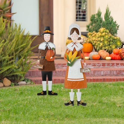 Glitzhome Thanksgiving Yard Stakes Metal Pilgrim Girl Yard Signs Hanging Wall Decors for Thanksgiving Fall Harvest Outdoor Decorations, 36" H - Image 3