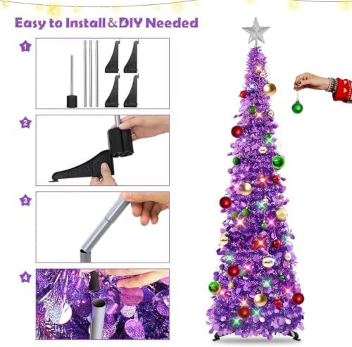 N&T NIETING Pop Up Christmas Tree with Lights & Ornaments, 5FT, Dark Purple - Image 4