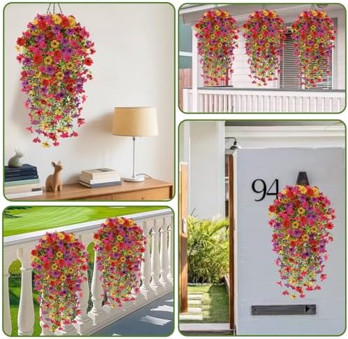 4PCS Artificial Hanging Flowers for Outdoors Summer Decoration, Upgrade UV Resistant Faux Silk Hanging Plants for Outside Home Planter Porch Patio Decor (Multicolour) - Image 5