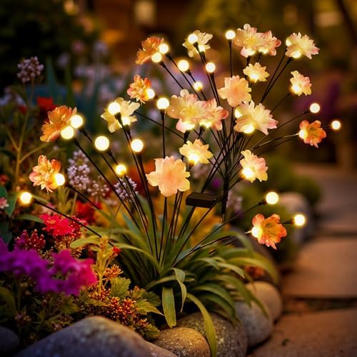 PEVOROS Solar Garden Lights, Warm White LED Swaying Solar Flowers Light for Outside, Waterproof Garden Decor, Outdoor Decorative Lights Yard, Patio, Pathway Decoration Gardening Gifts (4 Pack) by PEVOROS