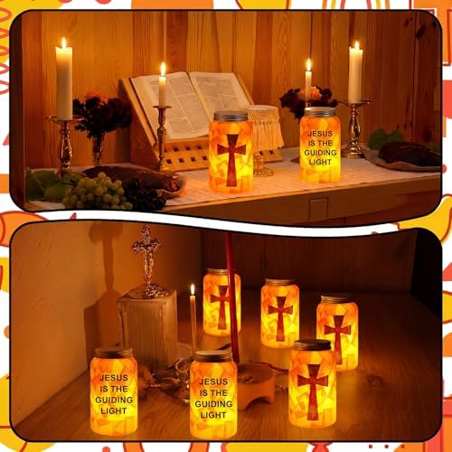 Qinyoung 12 Sets Religious Cross Crafts Jesus Lights The Way Mason Jars Tissue Paper Crafts with LED Candle Light Make Your Own VBS Mason Jars Decoration for Camping Sunday School Projects Activity - Image 5
