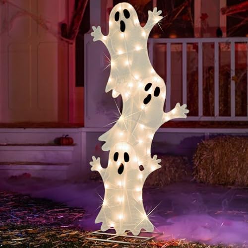 Halloween Lighted Stacked Ghosts Decoration, Pre-Lit with 50 Warm White Lights Spooky Ghosts Lights, Halloween Light Up Ghost for Indoor, Outdoor, Porch, Yard, 42’’ H by BAYN