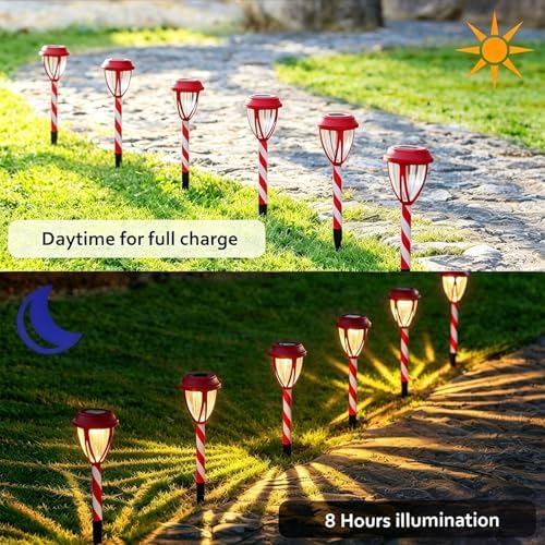 Dynaming 10Pack Solar Christmas Garden Lights, Outdoor Solar Powered Solar Candy Cane Pathway Markers, Waterproof & Auto On/Off Xmas Decorative Lights for Patio Yard Walkway Driveway Decor, Warm White - Image 4