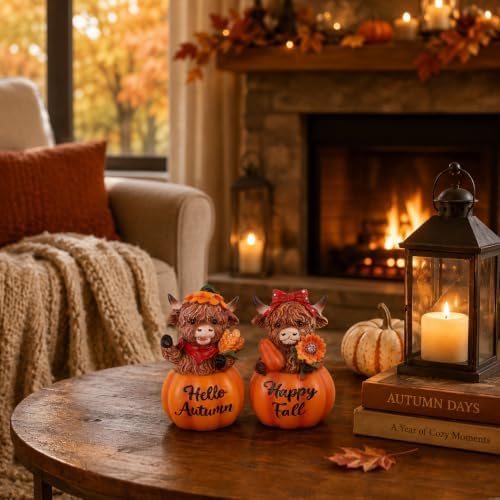 MEETYAMOR Fall Decorations for Home, 2 PCS Resin Highland Cows Figurines for Fall Decor, Rustic Pumpkin Harvest Ornaments for Thanksgiving Table Decor, Mantel, Shelf - Image 6