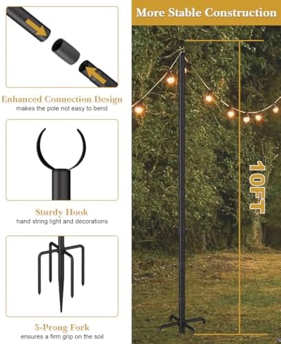 10Ft String Light Poles for Grass & Soil, Outdoor Light Stand with 5-Prong Fork Base, Heavy-Duty Metal Poles for Backyard, Garden & Patio Party Lighting, Rustproof & Adjustable, 2 Pack - Image 2