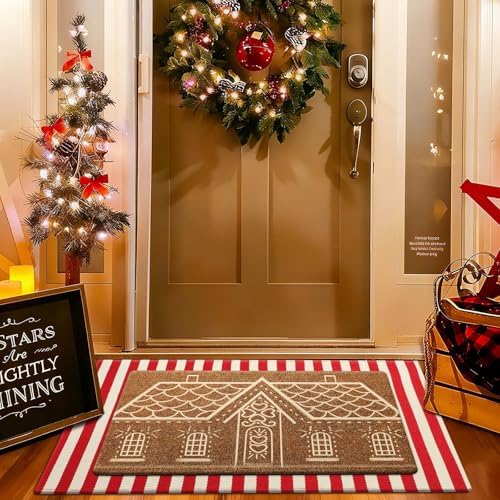 Duraaamo 2 Pcs Christmas Gingerbread House Door Mat Outdoor Christmas Nature Coir Welcome Rug Red White Stripe Outdoor Rug for Front Porch Indoor Entrance Decor - Image 4