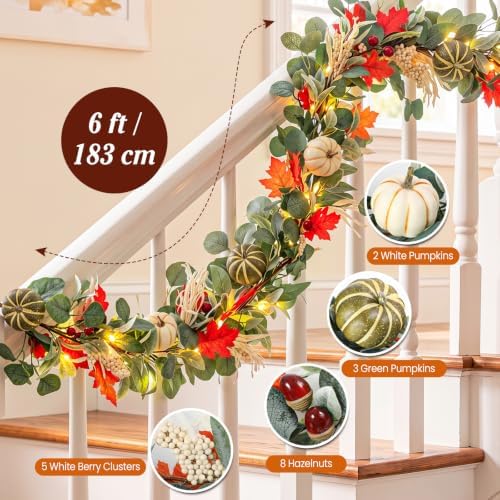 Lewondr 6ft Fall Garland with Lights for Mantel, 20 LED, Autumn Pumpkins - Image 2