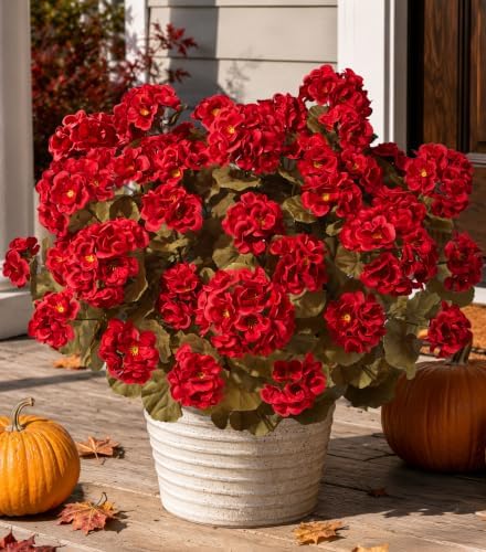 Fake Geraniums Artificial Flowers for Outdoors Fall Autumn Decoration, 6 Bundles Silk Geraniums Look Real Faux Fall Flowers Plants for Front Door Garden Planter Patio Balcony Yard Home Indoor, Red by HyeFloraartificialflowers