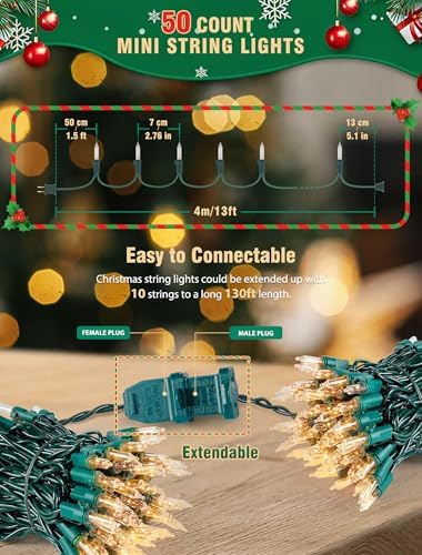 Hopolon Clear Christmas Lights, 13 FT 50 Count String Lights Green Wire - Image 4