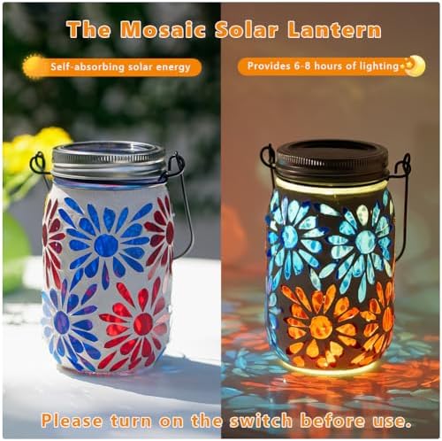 Starsoul 2 Pack Solar Lanterns Outdoor Waterproof, Mosaic Flowers Glass Solar Hanging Outdoor Lights, Decorative Solar Lantern for Outside Pathway Patio Porch Yard Decor - Image 2