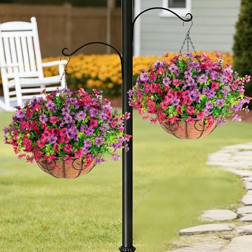 HyeFlora 2 Set Artificial Outdoor Flowers Hanging Basket, Faux Hanging Plants for Outside Spring Decoration, Fake Silk UV Resistant Look Real Daisy for Porch Patio Home Decor - Image 3