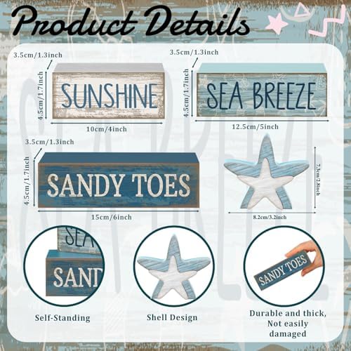 Lineshading 4 Pcs Wooden Starfish Summer Coastal Table Block Signs - Image 6