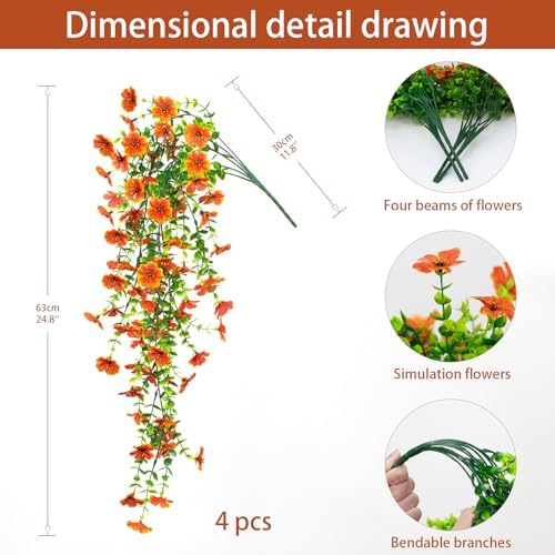 LikSoor 4 Pcs Artificial Outdoor Hanging Plants Fall Decoration UV Resistant Faux Silk Flowers for Outside, Garden, Porch, Window, Home Decor(Orange) - Image 2