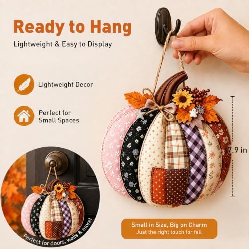 Autumn Retro Patchwork Pumpkin Door Hanging with Lights，C - Image 3